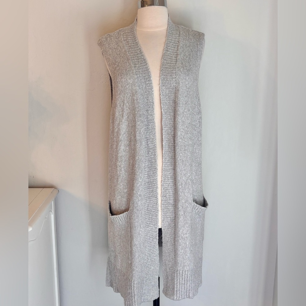 Loft Outlet Heather Gray Sleeveless Open Front Duster Cardigan Pockets, Sz XL